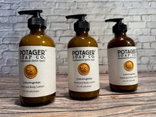 Load image into Gallery viewer, Potager Soap Company - Lemongrass Hand and Body Lotion 8 oz Glass Bottle
